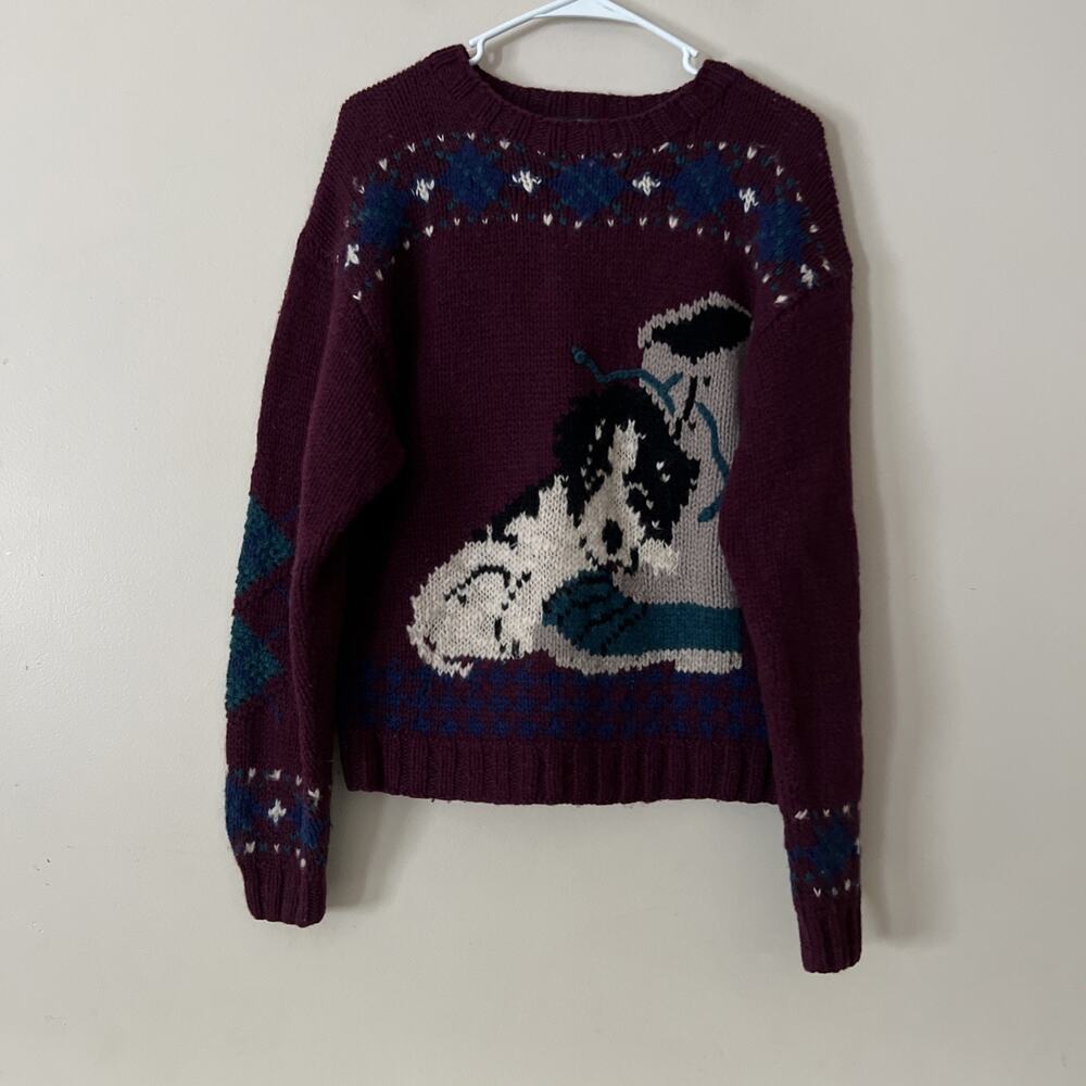 Woolrich Womens Wool Dog Puppy Sweater Size Large VTG Burgundy